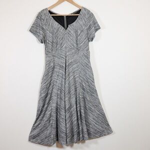 eShakti Gray Fit Flare Midi Dress Medium A Line Notch Neck Work Office Lined